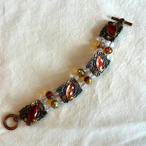 Amber Crystal Brass Spiral Design Bracelet Aurora Iridescent Beaded Butterfly